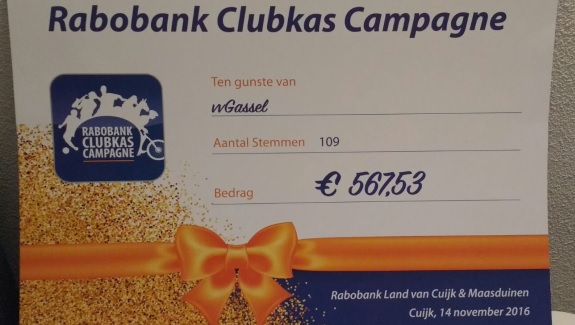 Opbrengst VV Gassel in Rabobank Clubkas Campagne 2016